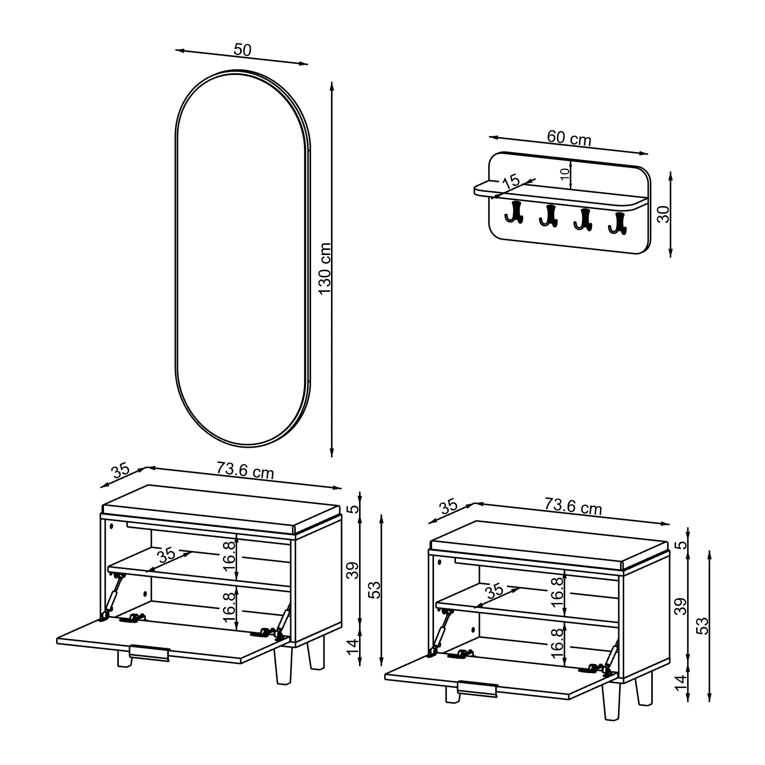 Nord Vestiyer Takımı Askılıklı, Kapaklı Bench, Modüler, Oval Aynalı Portmanto Takımı Kumtaşı