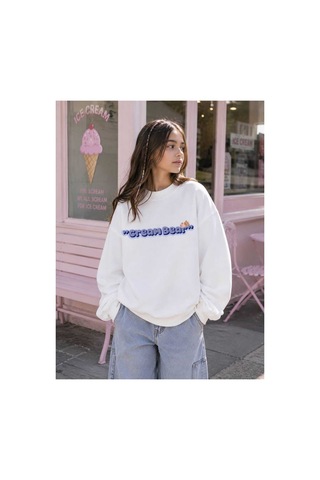 Uğur Bebe Kız Çocuk Ekru Renk 3 İplik Şardonsuz Sweatshirt Cream Bear Baskılı Pamuklu Bisiklet Yaka Uzun Kollu Ekru Ekru