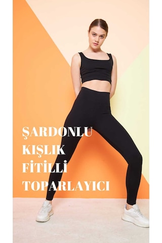 Haki Yüksek Bel Fitilli Toparlayıcı İnterlok Örme Şardonlu Spor Kışlık Tayt SiYAH