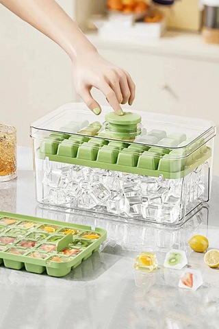 Tilbe Home 2'li Yeni Nesil Basmalı Çift Buz Kalıbı Buzluk Kapaklı Saklama Kutulu 56 Bölmeli Haznel Renkli