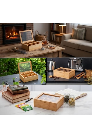 Promosyonca Orjinal Bambu Organizer, Çay Kutusu, Takı Kutusu, Mıknatıslı Kapak, Premium Kalite 6 Şeffaf Kapak