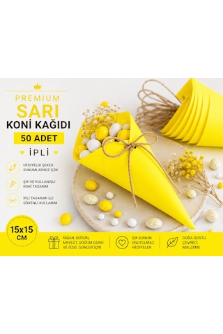 Premium Sarı Koni Kağıdı 50 Adet İpli Hediyelik İkram Ve Şeker Sunum Külahı