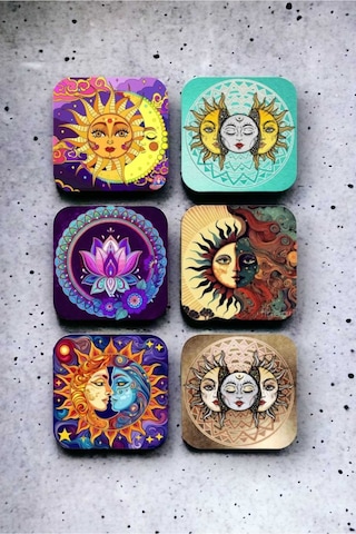 Sun And Moon Ahşap Bardak Altlığı Seti 6 Adet Ahşap