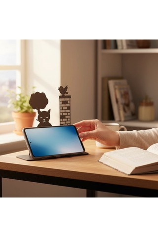 Meditasyon Yapan Kedi Ve Kuş Tasarımlı Dekoratif Metal Telefon Standı
