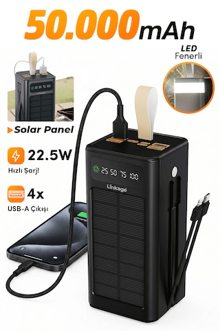 Linkage Lkp-47 50000mah Solar Powerbank Güneş Enerjili Taşınabilir Şarj Aleti Lcd Ekranlı, Çoklu Siyah