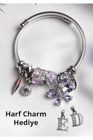 Bhs Life Kadın Charmlı Çelik Bileklik Kelebek Figürlü / Harf Charm Hediye Çelik