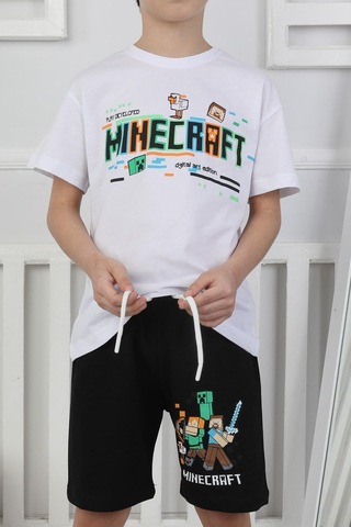 Minecraft Baskı Erkek Çocuk Şortlu Takım-90354 Siyah