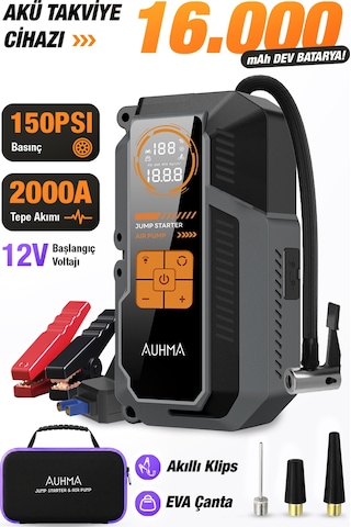 Auhma A9944 Araç Takviye Cihazı & Hava Kompresörü 16000mah Powerbankli 150 Psı Akıllı Akü Booster Ta
