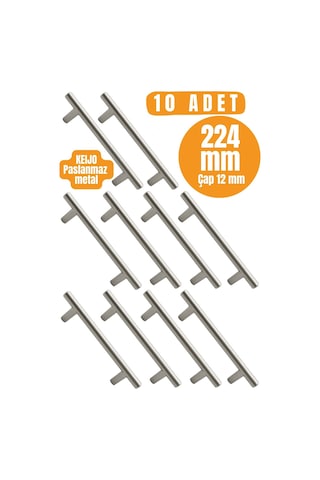 10 Adet Keijo Inox 224mm Paslanmaz Kulp Mobilya, Dolap Kulbu, Kulp Modeli Inox
