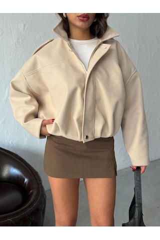 Hopıan Kadın Bej Crop Oversize Ceket Mont Açık Bej
