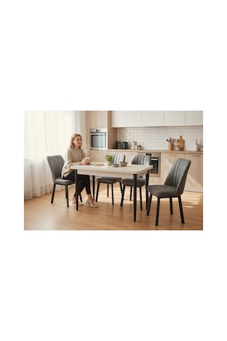 Tool Aksesuar T-6022 4 Kişik Yemek Masası Ve Sandalye Takımı Kare Gold Açık Gri Mutfak Salon Restorant Cafe Otel Kullanımına Uygundur.
