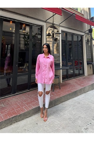 WeShaya Pembe Çizgili Oversize Düğmeli Gömlek Pembe