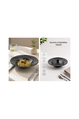6 Adet 25 Cm Melamin Spagetti Tabağı Derin Makarna Tabağı Makinede Yıkanabilir Siyah