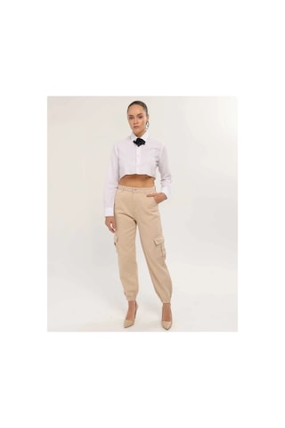 Kene Jeans Paça Lastik Kargo Cep Keten Mom Pantolon Bej