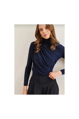 Unika Boutique Merrline Kadın Sandy Rahat Kumaş Drapeli Bluz Lacivert