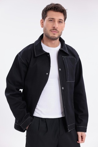 Erkek Dikiş Detaylı Oversize Gabardin Ceket - Mont-392 Siyah