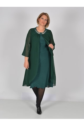 Nidya Moda Büyük Beden Üstü Şifon Elbise-4037Y Yeşil