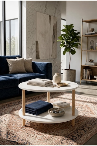 Oval Modern Kolay Kurulum İki Katlı Yuvarlak Orta Sehpa Raflı Şık Dayanıklı Beyaz