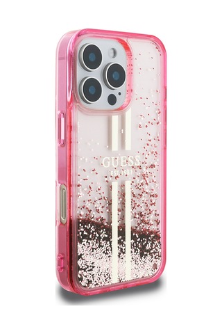 Apple Uyumlu iPhone 16 Pro Max Kılıf Guess Lisanslı Transparan Sıvılı Simli Altın Çizgili Kapak Pembe