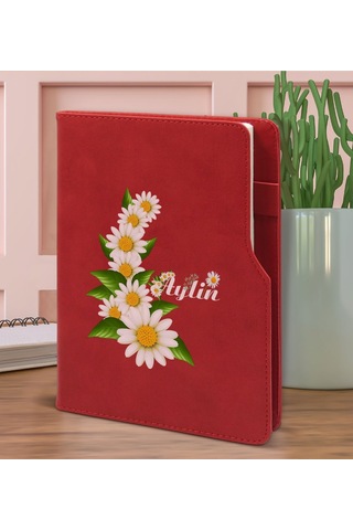 BK Gift Kişiye Özel Papatya Temalı Kırmızı Termo Deri Not Defteri