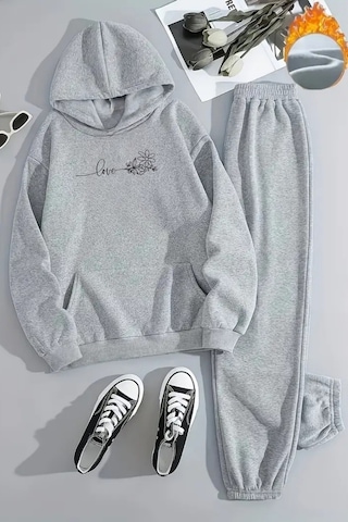 Unisex Love Çizgi Baskılı Kapüşonlu Gri Eşofman Takımı - Kışlık Şardonlu Kumaş Gri