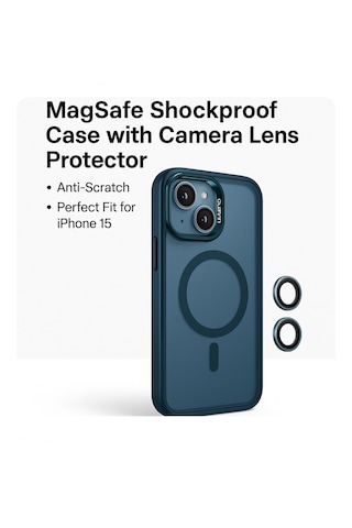İphone 15 Kılıfı, Kaliteli Kamera Lens Koruyucu Dahil, Magsafe Uyumlu Darbe Dayanaklı, 3 Renk Lacivert