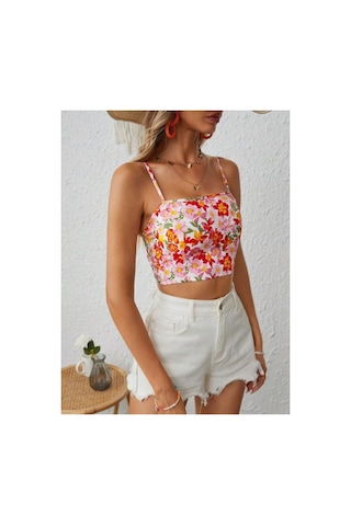 Bella Notte Retro Çiçek Baskılı Sırt Dekolteli Crop Bluz Pembe