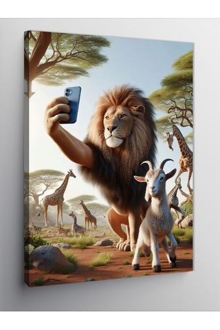 Kanvas Tablo Selfie Yapan Aslan Ve Keçi 50cmx70cm