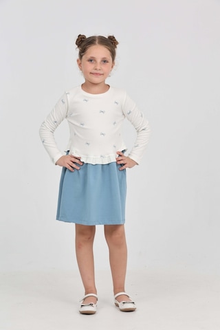 Toontoy Kids Kız Çocuk Baskılı Relax Fit Bisiklet Yaka Uzun Kollu Elbise - Renk Bloklu Mavi