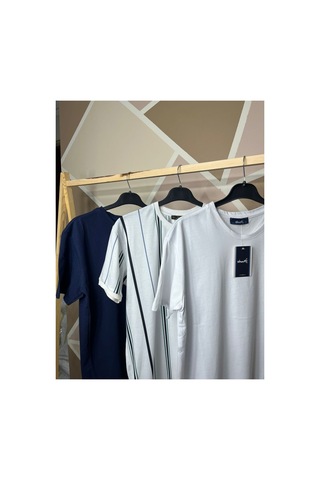 Mfz Giyim Lacivert - Beyaz Çizgili Renk 3'lü Bisiklet Yaka Erkek T-shirt Lacivert-beyaz-cizgili