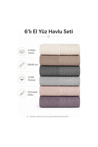 6 Lı El Yüz Renkli Havlu Seti %100 Pamuklu 50x90 Cm Velora Koleksiyon Mürdüm