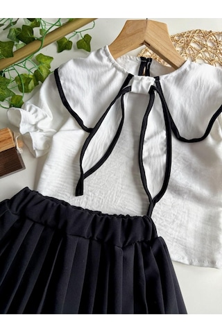 Yazlık Kısa Kollu Bluz Pileli Etek Kız Çocuk Takım Siyah