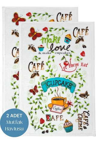2li Paket Baskılı Beyaz Mutfak Havlusu Modeli Make Love