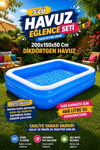 Hak-iş Oyuncak 200x150x50 CM Dikdörtgen Şişme Havuz - 30 CM El Pompası Dahil