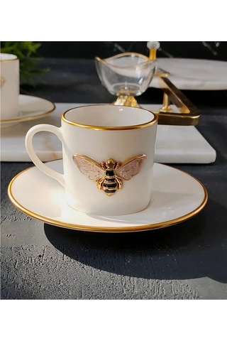 Regna Home Queen Bee 4 Parça 2 Kişilik Yaldızlı Porselen Kahve Fincan Takımı Beyaz