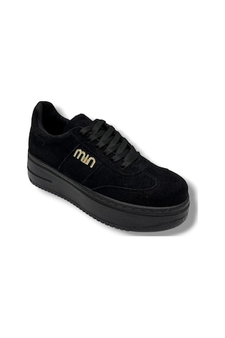 Şanzelize K16-26 Süet Deri Yüksek Anatomik Taban Bağcıklı Kadın Sneaker Siyah