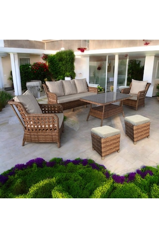 Monalin Home Garden I Elite 7 Kişilik Oturma Takımı Kahverengi I Rattan El Örgüsü Bahçe Mobilyası Kahverengi - Krem