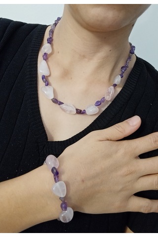 Doğaltaşkolye/bileklik Takım - Pembe Kuvars Ve Ametist Taşı Takım Mdl-1005/balık Hediyelik Mor - Pembe