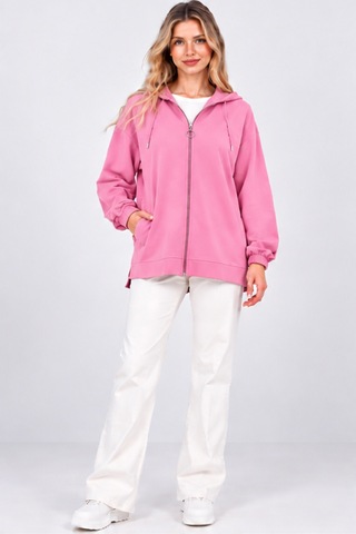 Fiolin Kristal 2 İplik Salaş Fermuarlı Sweatshirt Pembe