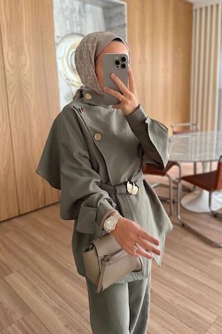 Kahijab Omuz Düğmeli Trenç Takım - Yeşil Yeşil