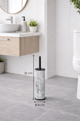 Beyaz Mermer Desenli 2'li Banyo Seti - Metal Çöp Kovası 3 Lt Ve Wc Fırçası Takımı Beyaz