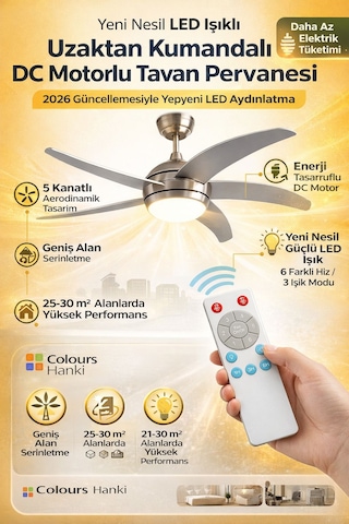 Colours Hanki 52" 5 Kanatlı Aydınlatmalı Uzaktan Kumandalı Tavan Vantilatörü