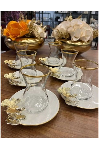 Çnr Home Collection 6' Lı Porselen Tabakli Paşabahçe Bardakli Kelebek Detayli Çay Seti Gold