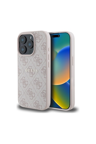 Apple Uyumlu iPhone 15 Pro Max Kılıf Guess Lisanslı Magsafe Şarj Özellikli 4g Desen Yazı Logolu Kapak Pembe