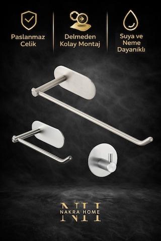 3'lü Set Paslanmaz Çelik Yapışkanlı Havlu Askısı , Tuvalet Kağıtlığı Ve Tekli Askılık Havluluk Krom