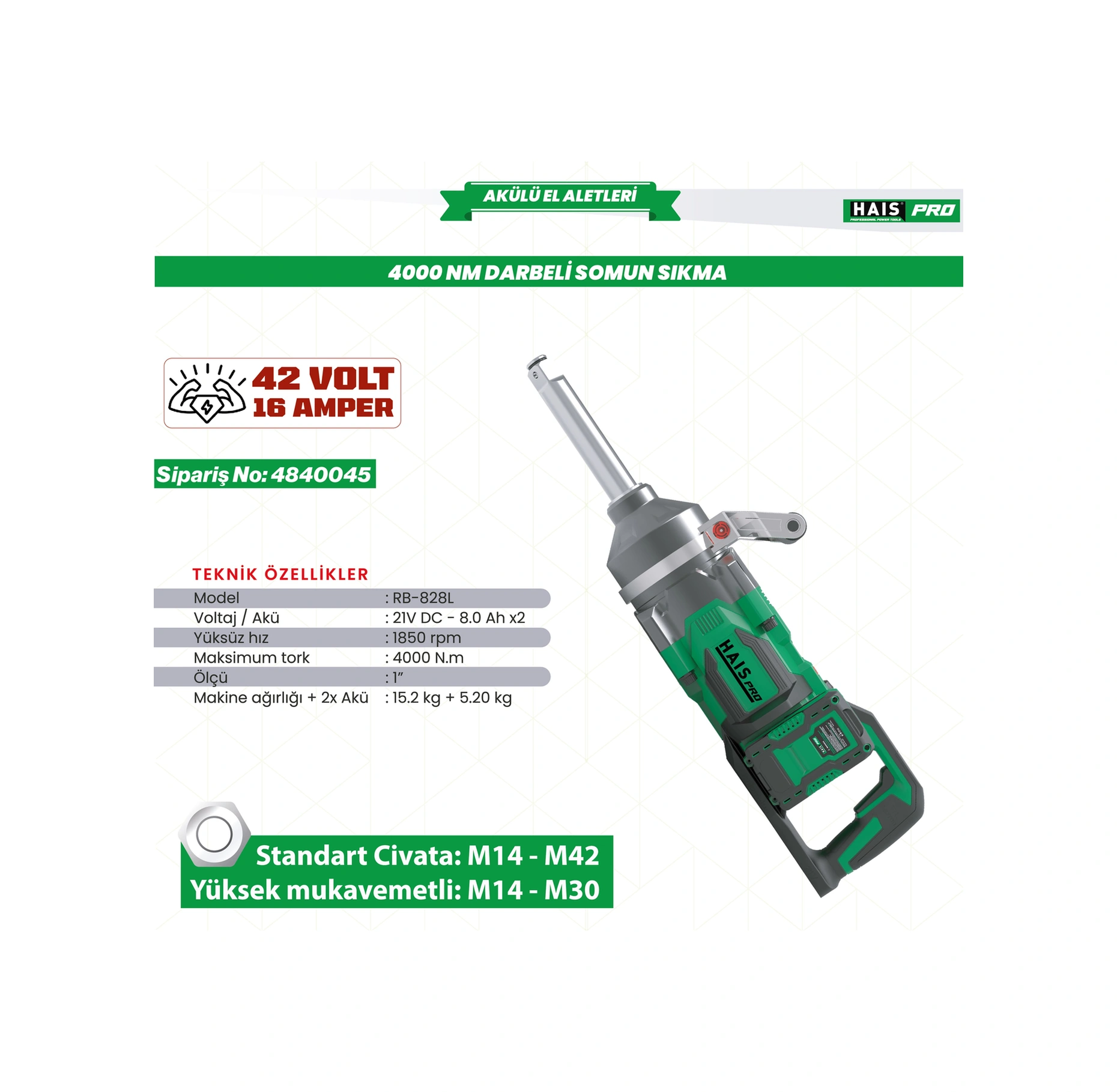 Haispro Profesyonel Darbeli Somun Sıkma 4000 Nm 21 V Rb-828l Uzun Namlu