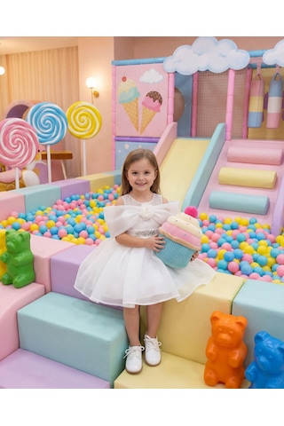 Miss Liva Kız Çocuk Büyük Fiyonklu Taş Detaylı Tül Abiye Elbise Beyaz 2-6 Yaş Beyaz