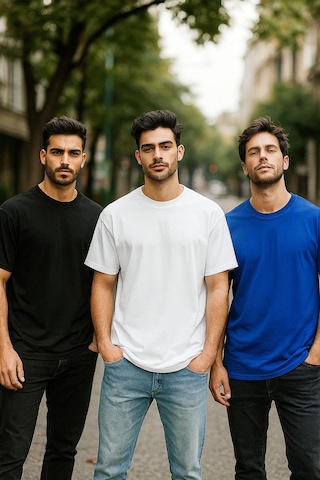 Rich Erkek 3'lü Paket Siyah-kırmızı-mavi Pamuklu Oversize Tişört Bisiklet Yaka Kısa Kollu T-shirt Mavi