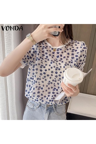 Koyu Mavi Vonda Kadın Yaz Yuvarlak Yaka Puf Kısa Kollu Pileli Çiçekli Bol Bluz