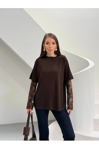 Modalima Kahverengi Güpür Kollu Bluz Çok Renkli